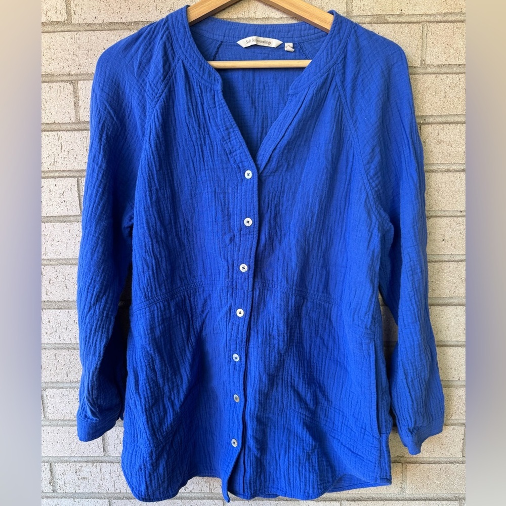 Soft Surroundings Cobalt Blue Gauze Button Front Shirt Small